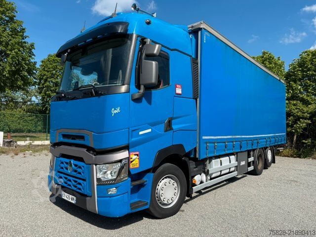 Flatbed truck with tarp RENAULT T480 High / Retarder / Bycool / Anhänger vorhand