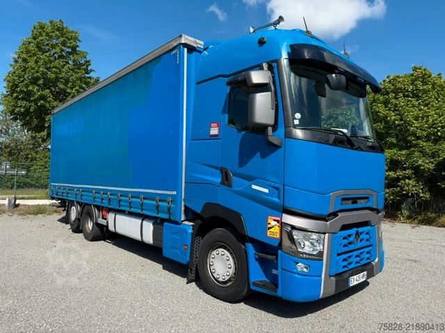 Flatbed truck with tarp RENAULT T480 High / Retarder / Bycool / Anhänger vorhand