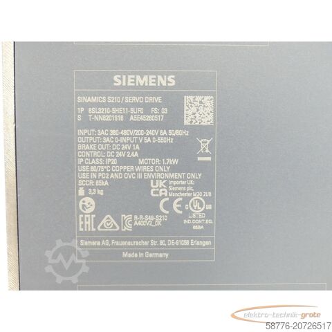 Component Siemens 6SL3210-5HE11--5UF0 SINAMICS S210 SN:T-NN6201916 - ! -
