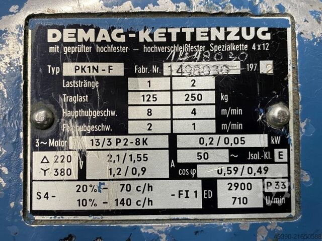 Elektro-Kettenzug, Kran 125 kg mit Feinhub, Elektrohubwerk, Elektrischer Kettenzug, Elektrokettenzug DEMAG PK1N-F