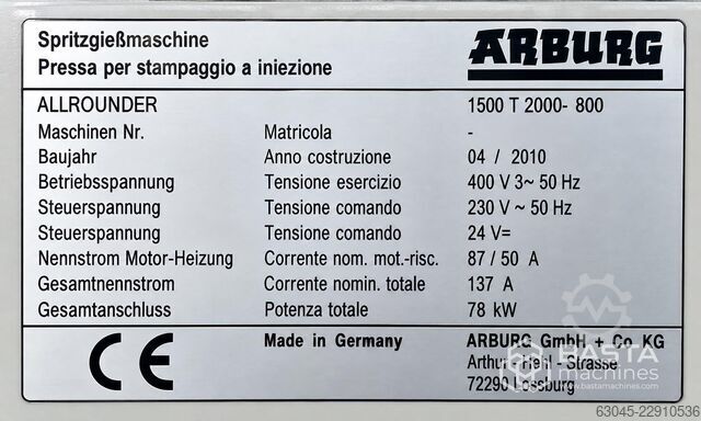 Arburg ALLROUNDER 1500 t 2000-800 (2010) Arburg ALLROUNDER 1500 t 2000-800