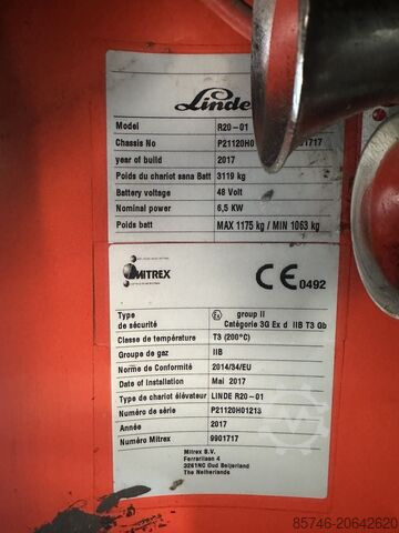 R 20 - Atex Mitrex EX 3G / Zone 2 * Triplex FFL !! NEW battery !! LINDE R 20 - Atex Mitrex EX 3G / Zone 2 * Triplex FFL !! NEW battery !!