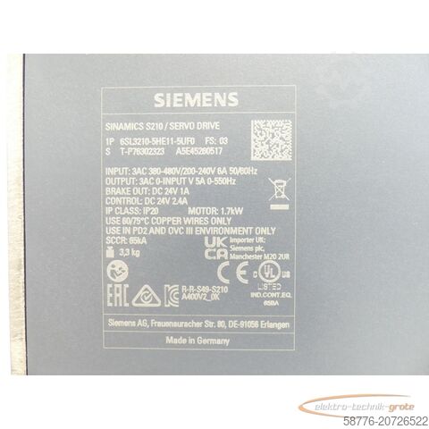 Component Siemens 6SL3210-5HE11--5UF0 SINAMICS S210 SN:T-P76302323 - ! -