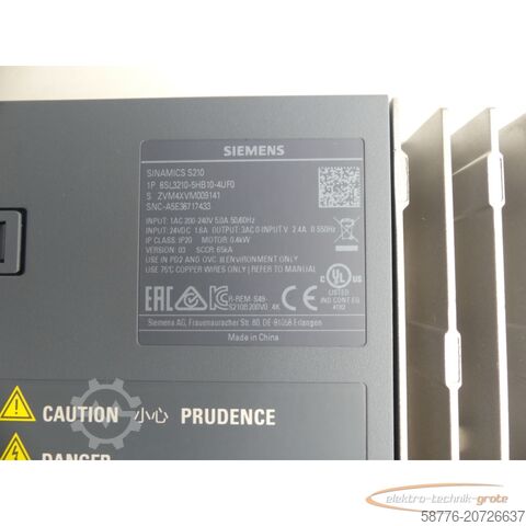 Component Siemens Sinamics S210 6SL3210-5HB10-4UF0 Umrichter SN:ZVM4XVM009141 0,4kW 240V~-ungebr.-