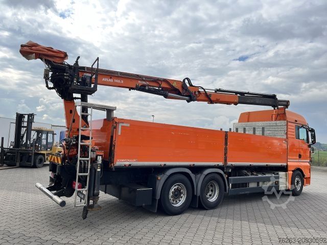Flatbed truck MAN TGX 26.480 6x2 Atlas 145.2 Kran Baustoff / AHK