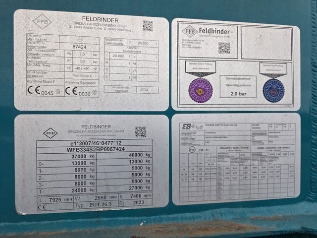 Tanker semitrailer FELDBINDER 26TL liegendes Euter, 2 x Befüllung, Schwallwand