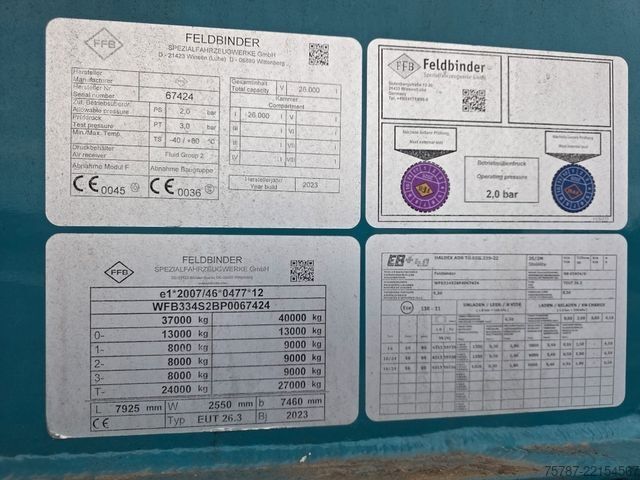 Tanker semitrailer FELDBINDER 26TL liegendes Euter, 2 x Befüllung, Schwallwand