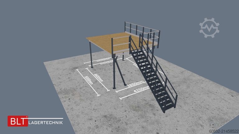 Storage platform 21,25 m² Lagerbühne + Treppe 500 kg/m² Geländer an zwei Seiten, Oberkante 300cm