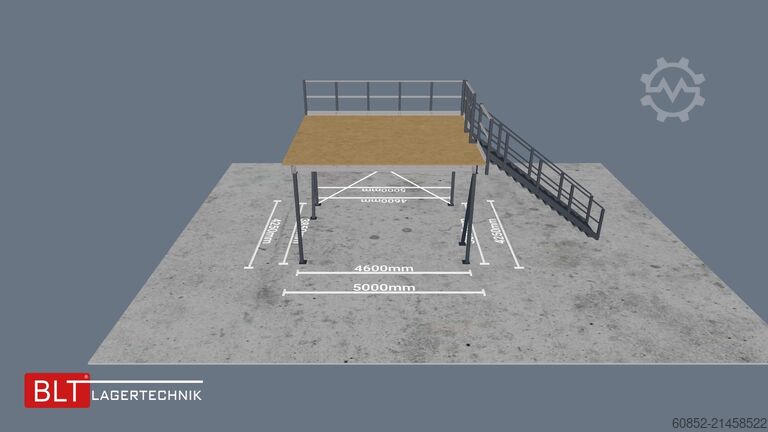 Storage platform 21,25 m² Lagerbühne + Treppe 500 kg/m² Geländer an zwei Seiten, Oberkante 300cm