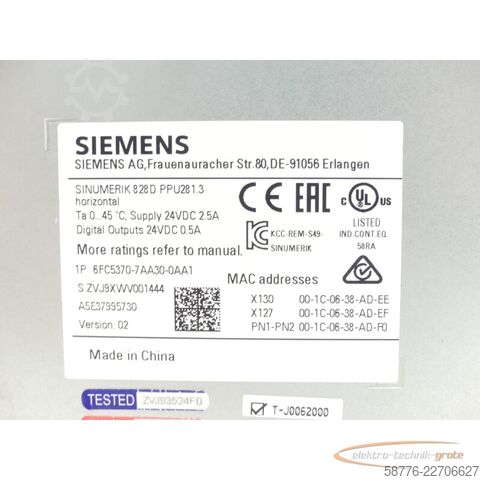 Komponente Siemens 6FC5370-7AA30-0AA1 SINUMERIK 828D PPU28 1.3 Version 02 SN ZVJ9XWV001444