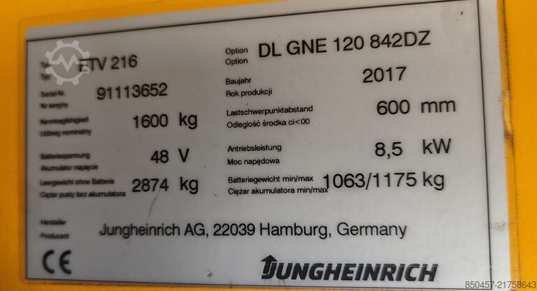 Schubmaststapler Jungheinrich ETV 216 6884mh/ 8.42m/ 2017y