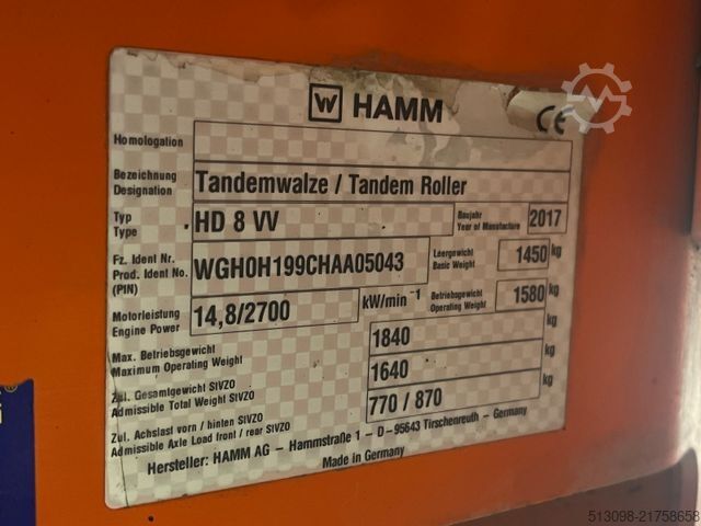 Walzenzug HAMM TANDEM WALZE / ROLLER HD 8 VV KUBOTA KNICKGELENK