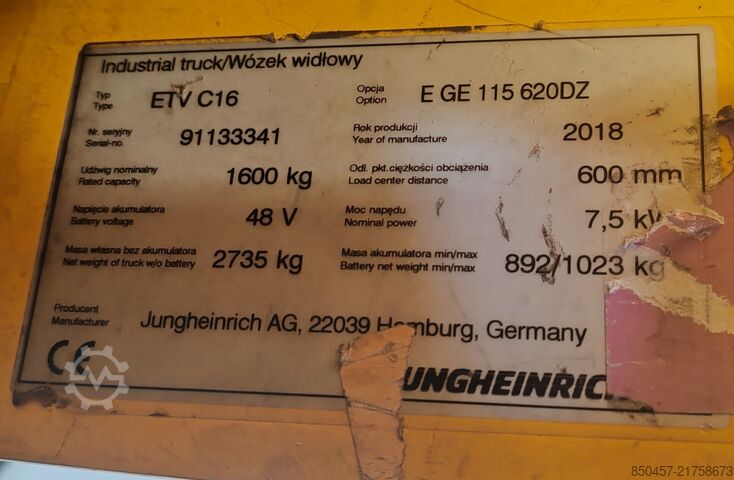 Schubmaststapler Jungheinrich ETV C16 / 2018y/ 6586mh/ 6.2m