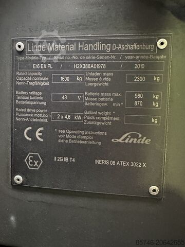 E 16 PL - 386 - Atex Proplan EX 2G / Zone 1 !! NEW battery !! LINDE E 16 PL - 386 - Atex Proplan EX 2G / Zone 1 !! NEW battery !!