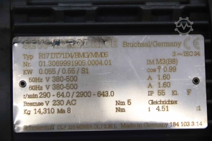 Geared motor 0.055/0.55 kW 290-64 rpm with frequency converter SEW-Eurodrive R17 DT71D4/BMG/MM05