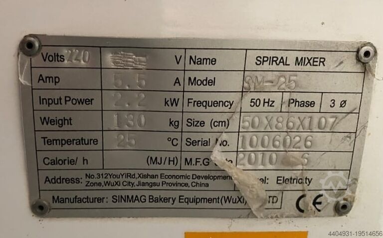 Used Sinmag Europe spiral mixer for 15 kg of flour Sinmag Europe 7309515