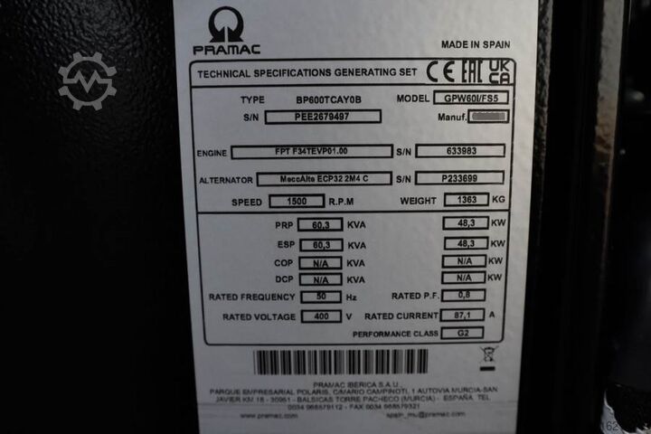 Generator set Pramac GPW60I/FS5 Diesel, 60 kVA, Also Available For Rent