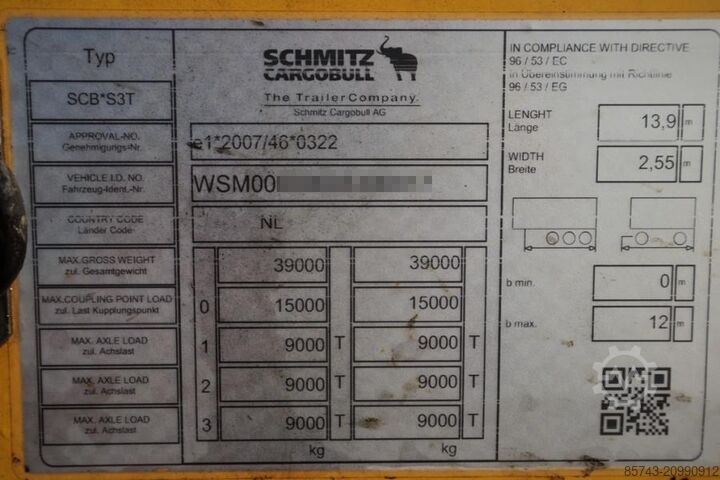 Curtain sided Schmitz Cargobull SCB3ST CoC Documents, TuV Loading Certificate, Dut