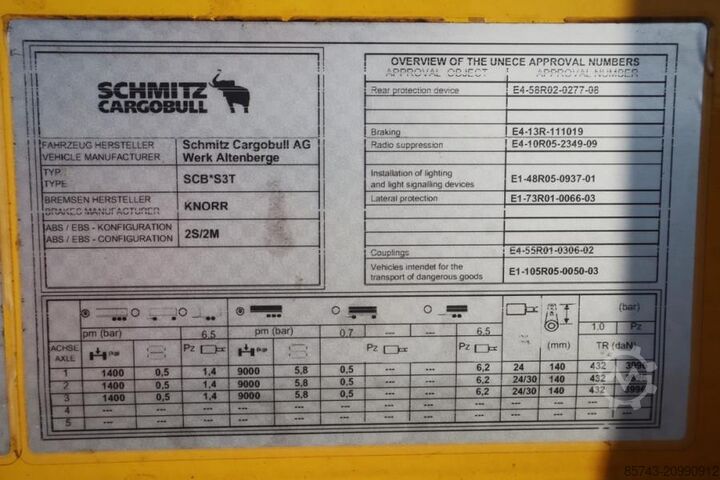 Curtain sided Schmitz Cargobull SCB3ST CoC Documents, TuV Loading Certificate, Dut