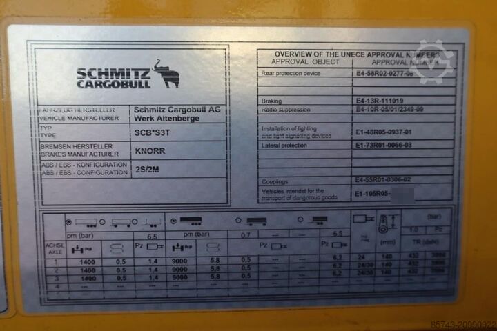 Curtain sided Schmitz Cargobull SCB3ST CoC Documents, TuV Loading Certificate, Dut