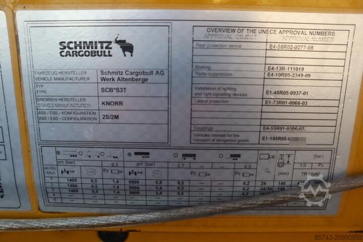 Curtain sided Schmitz Cargobull SCB3ST CoC Documents, TuV Loading Certificate, Dut
