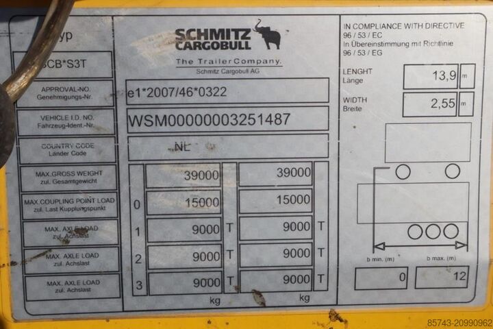 Curtain sided Schmitz Cargobull SCB3ST CoC Documents, TuV Loading Certificate, Dut