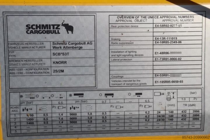 Curtain sided Schmitz Cargobull SCB3ST CoC Documents, TuV Loading Certificate, Dut