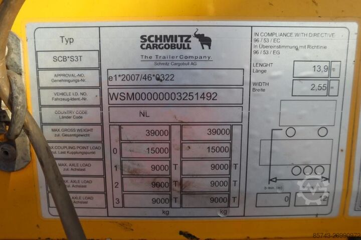 Curtain sided Schmitz Cargobull SCB3ST CoC Documents, TuV Loading Certificate, Dut