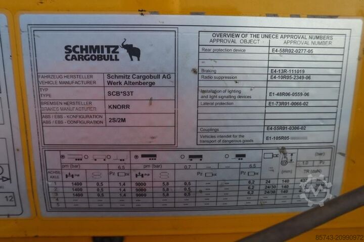 Curtain sided Schmitz Cargobull SCB3ST CoC Documents, TuV Loading Certificate, Dut