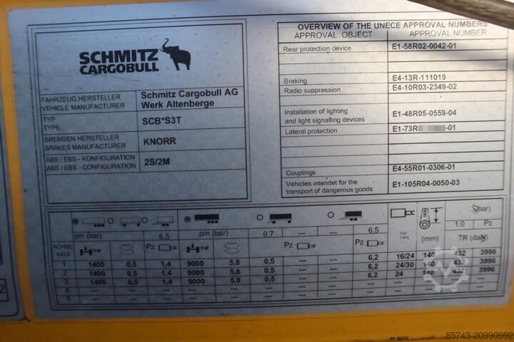 Curtain sided Schmitz Cargobull SCB3ST CoC Documents, TuV Loading Certificate, Dut