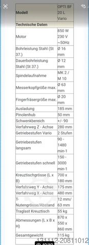 Universal-Fräs- und Bohrwerk Opitmum BF 20 Vario