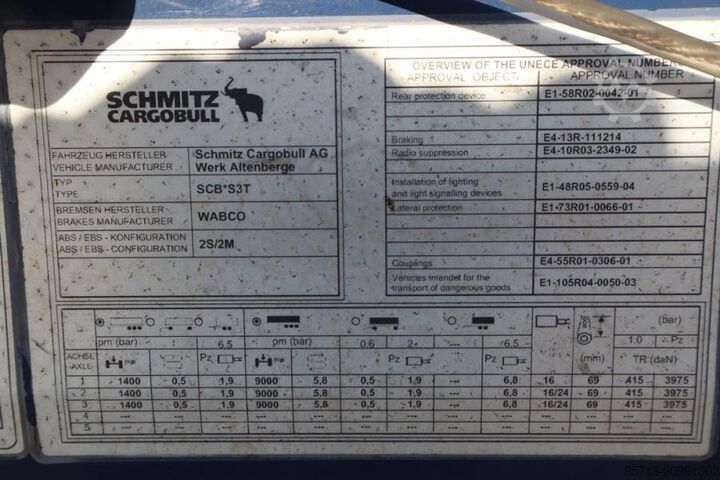 Curtain sided Schmitz Cargobull SCB3ST CoC Documents, TuV Loading Certificate, Dut
