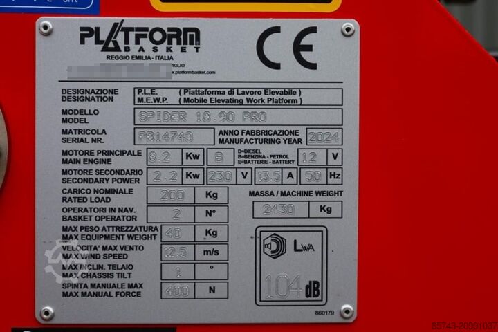 Articulated boom lift Platform Basket Spider 18.90 PRO CE Declaration, Valid inspection,
