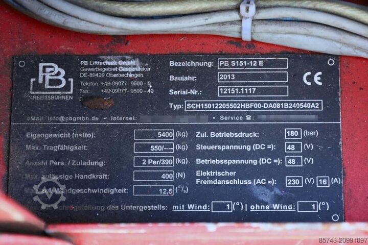 Scissor lift PB Lifttechnik S151-12E Electric, 15m Working Height, 550kg Capac