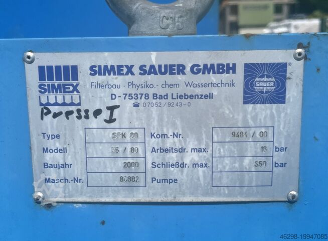 Used Industrial Filter Press Simex Sauer SPK 80
