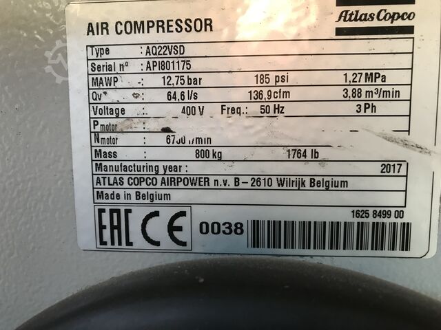 Schraubenkompressor Atlas Copco AQ 22 VSD-FF