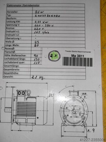 Gear motor 0.55 kW 165 rpm SEW-EURODRIVE R40DT80K4BM