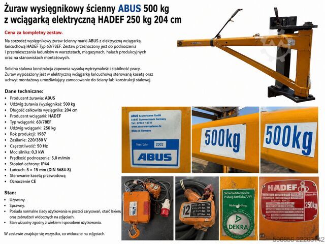 ABUS 500 kg 204 cm with HADEF 250 kg electric winch ABUS 500 kg 204 cm z wciągarką elektryczną HADEF 250 kg ABUS 500 kg 204 cm z wciągarką elektryczną HADEF 250 kg