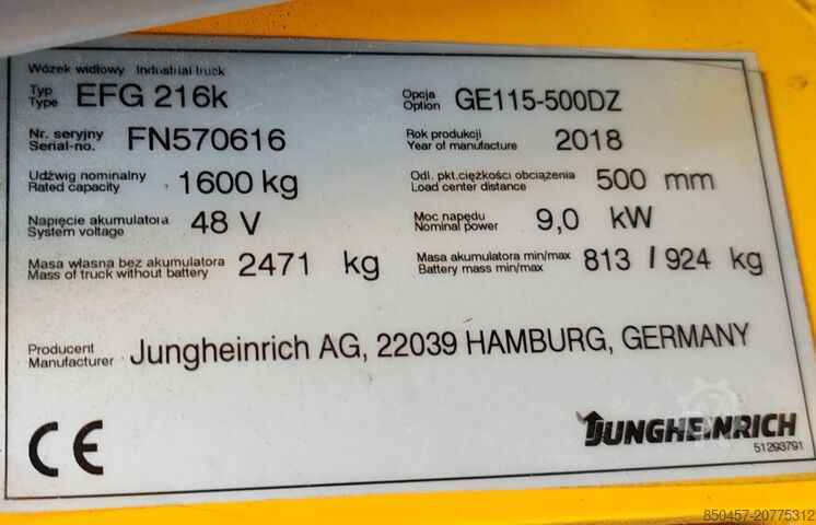 Elektrisch – 3 Räder Jungheinrich EFG 216k 5m/ 2018y/ 7589mh