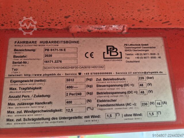 Scherenarbeitsbühne PB Lifttechnik S171-16E, Year 2020, 17.3m Workingheight