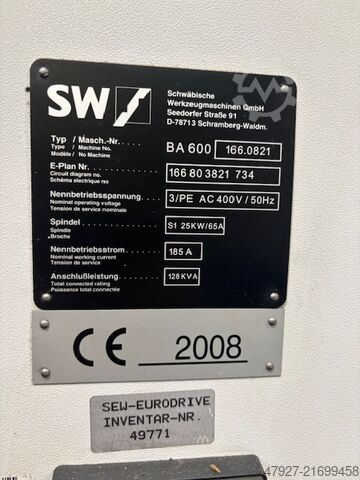 Horizontal-Bearbeitungszentrum SW Schwäbische Werkzeugmaschinen GmbH BA 600   2-CNC, 2-spindlig