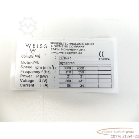 Component Weiss 178377 Schleifspindel 21kw / 7000 U/min = 0002    !