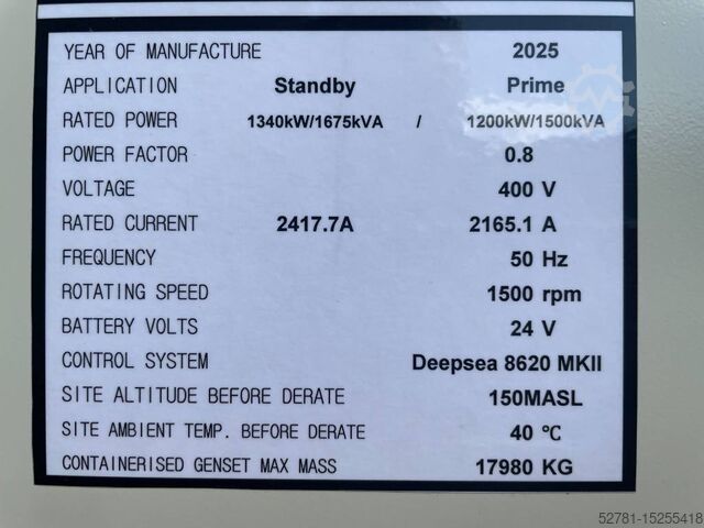 Generator set Cummins KTA50GS8 - 1.675 kVA Generator - DPX-18821