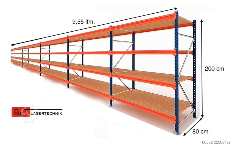 Weitspannregal ca. 9,56 lfm. Weitspannregale H: 200 cm T: 80 cm , 400 kg Fachlast , 4 Ebenen