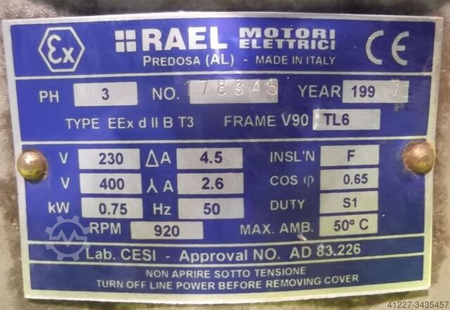 Electric motor 0.75 kW 920 Rpm Rael EEx d II B T3