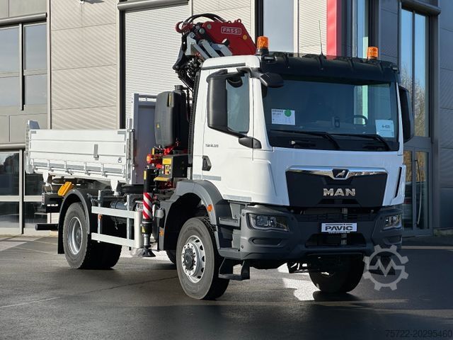 Three-sided tipper truck MAN TGM 18.320 4x4 BB  KRANKIPPER  FASSI F195A.2.24