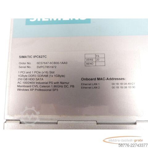 Komponente Siemens Simatic IPC627C / 6ES7647-6CB00-1AA0 Industrielles Box-PC SN SVPC7851972