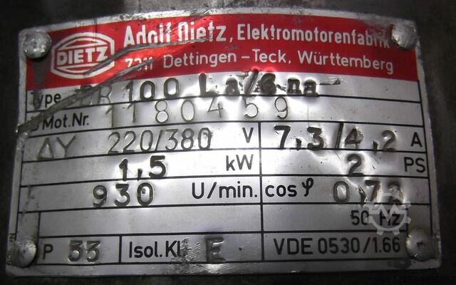 Electric motor 1.5 kW 930 Rpm Dietz DR100La/6na