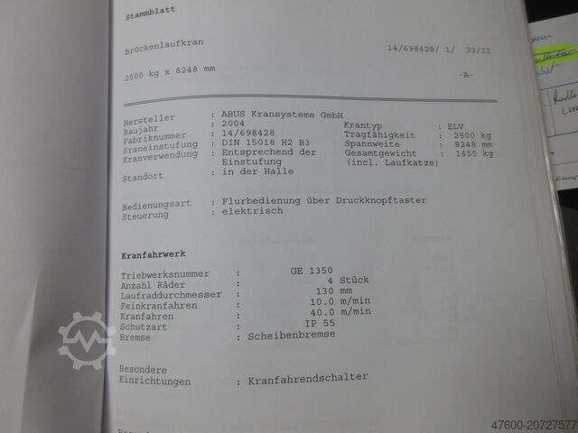 Kranhimmel Kran Hallenkran Spur 8248mm ABUS Hallenkran Brückenkran Kran ELV 3,2 NL 3200Kg Portalkran Kran 8248mm 12Std