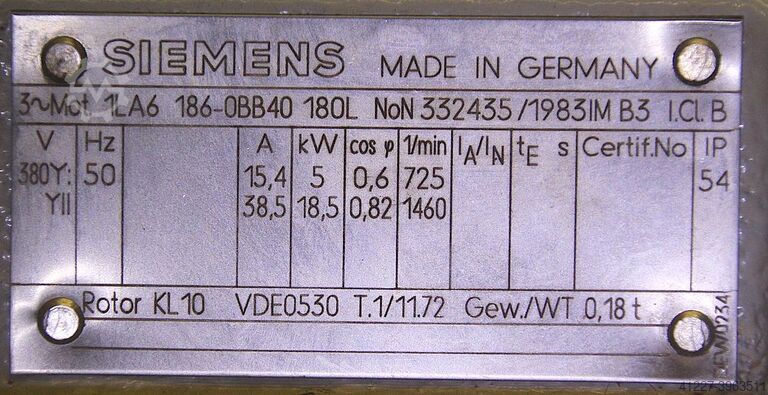Electric motor 5/18 kW 725/1460 rpm Siemens 1LA6 186-0BB40 180L